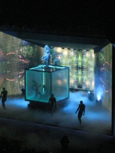 Lady Gaga roles out to perform her opening song "Dance in the Dark" at the UNO Lakefront Arena, New Orleans on Dec. 27, 2009.