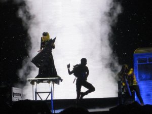 Lady Gaga is lifted from under the stage after a major costume change at the New Orleans Arena April 9, 2011. 